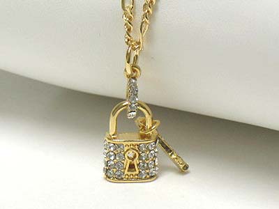 Crystal padlock and key dangle pendant and fancy chain necklace