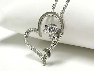 Crystal dolphin and heart pendant necklace