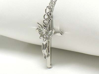 Crystal angel on cross pendant necklace