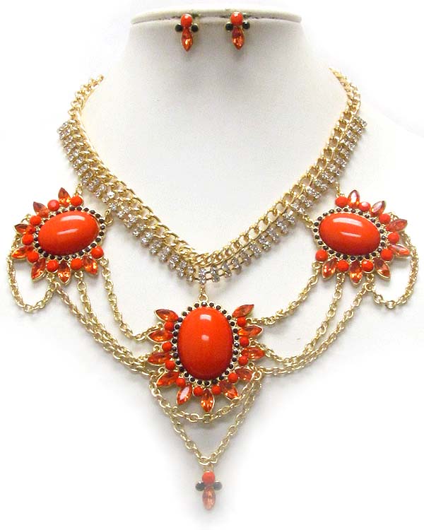 Triple puffy acrylic stone and crystal deco drop necklace earring set