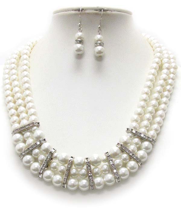 Triple line pearl and crystal rondelle deco necklace earring set