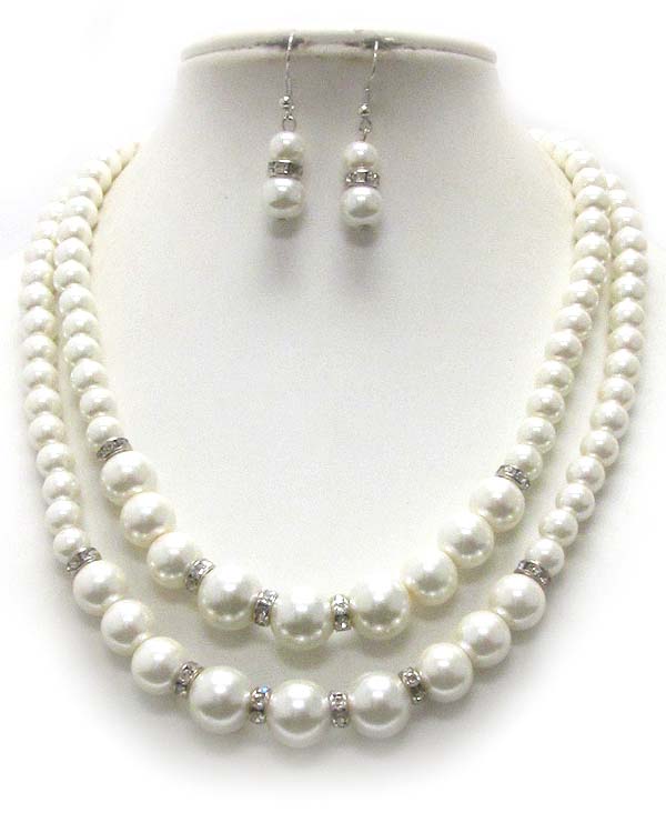 Multi pearl and crystal rondelle deco double chain necklace earring set