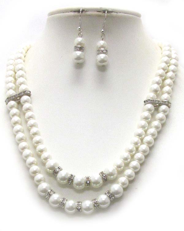 Multi pearl and crystal rondelle deco double chain necklace earring set