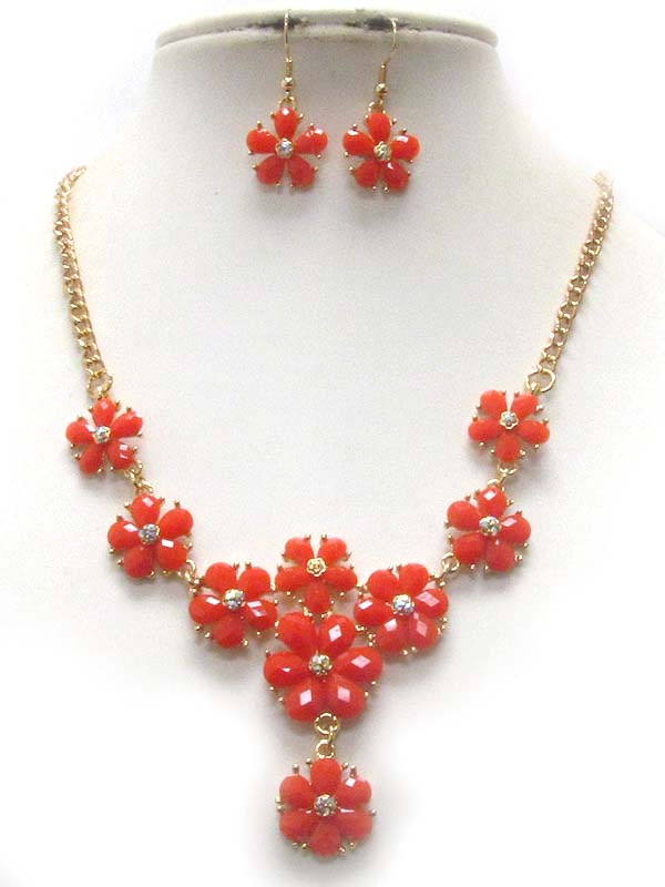 Multi crystal center acrylic stone flower link drop necklace earring set