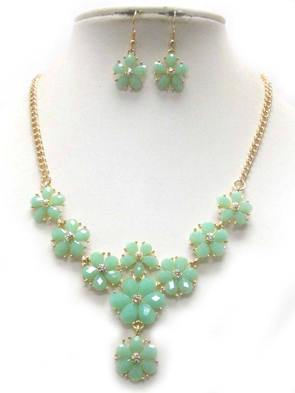 Multi crystal center acrylic stone flower link drop necklace earring set