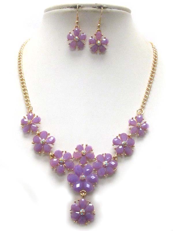 Multi crystal center acrylic stone flower link drop necklace earring set