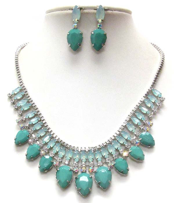 Multi crystal and acrylic stone mix tube chain necklace earring set