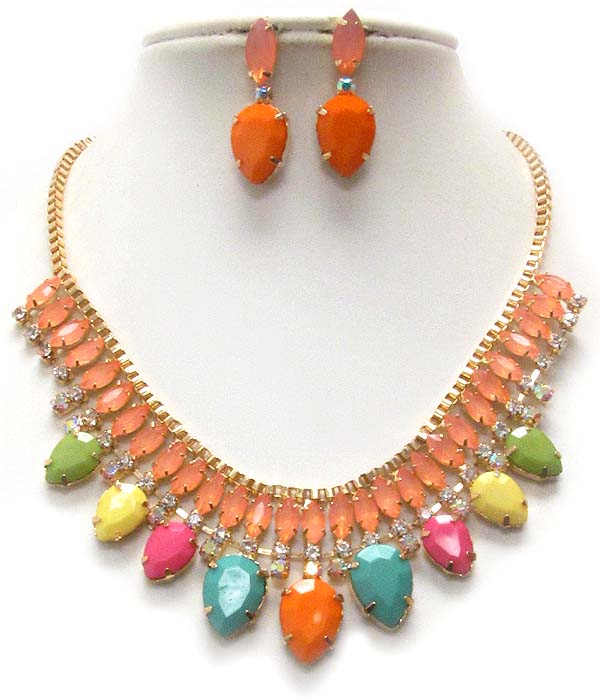 Multi crystal and acrylic stone mix tube chain necklace earring set