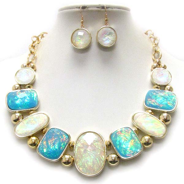 Multi shape facet acrylic stone and abalone finish necklace earring set