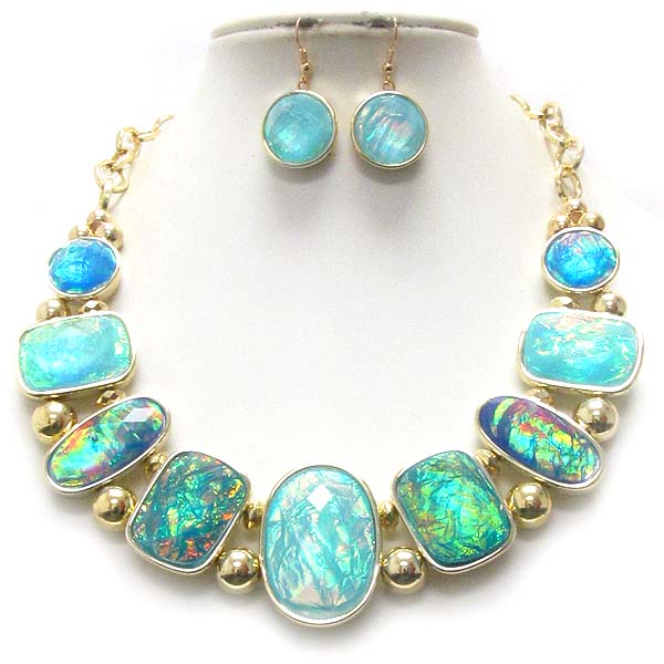 Multi shape facet acrylic stone and abalone finish necklace earring set