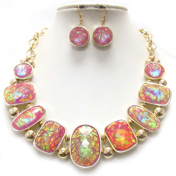 Multi shape facet acrylic stone and abalone finish necklace earring set