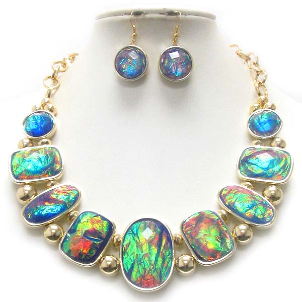 Multi shape facet acrylic stone and abalone finish necklace earring set