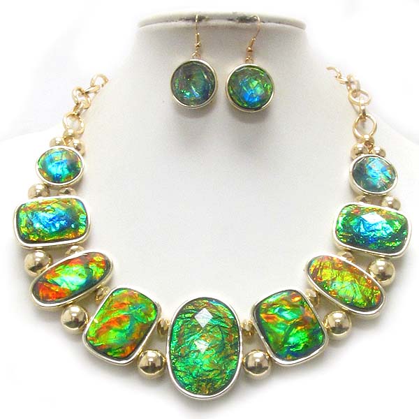 Multi shape facet acrylic stone and abalone finish necklace earring set