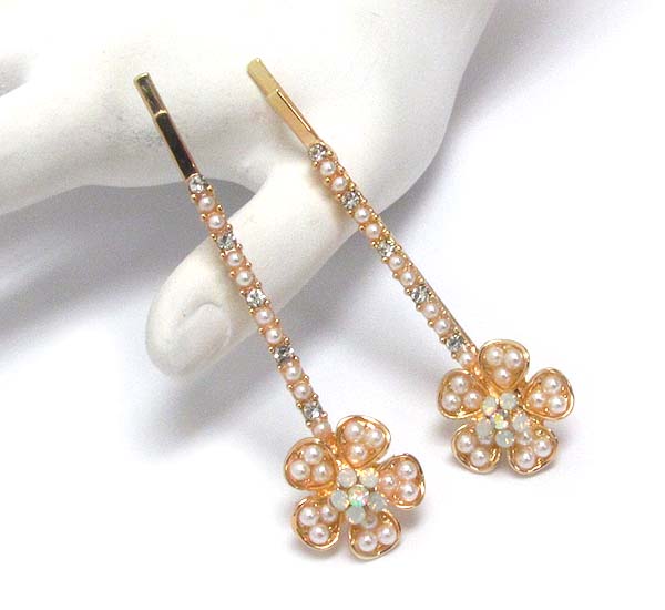 Crystal and pearl deco flower hair pin set of 2