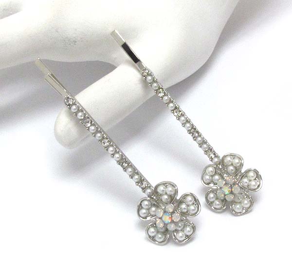 Crystal and pearl deco flower hair pin set of 2