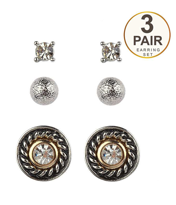 Crystal center metal casting button 3 pair earring set