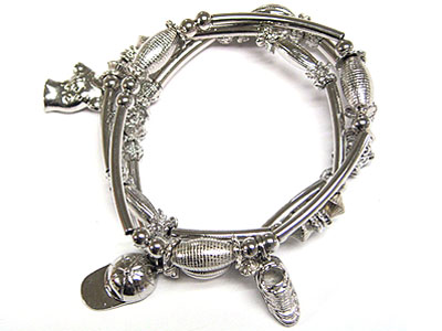 Antique look heavy 3 row burnish metal multi charm bracelet - sports theme charm