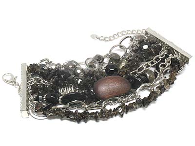 Boutique style semi precious and figurineand wood mixed multi strands metal bracelet - onyx