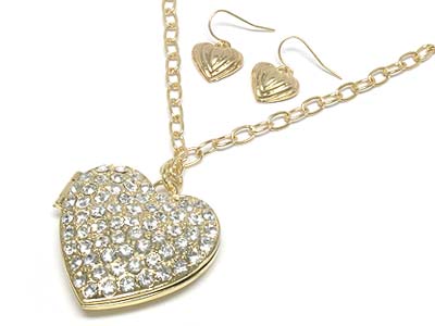 Crystal heart locket pendant long necklace and earring set