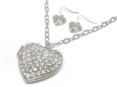 Crystal heart locket pendant long necklace and earring set