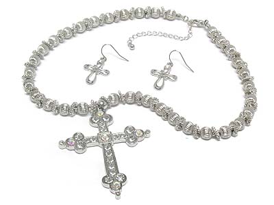 Crystal deco large cross pendant metal bead linked necklace and earring set