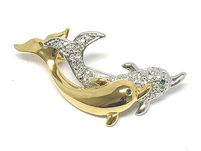 Crystal double dolphin brooch