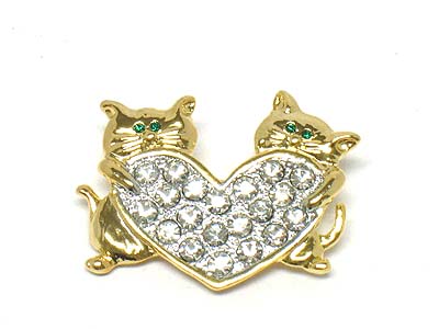 Crystal heart and two cat brooch