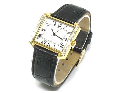 Designer inspired baguete crystal and genuine leather band watch