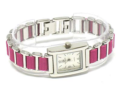 Square shape face and ribbon braided rhodium plating metal band women watch