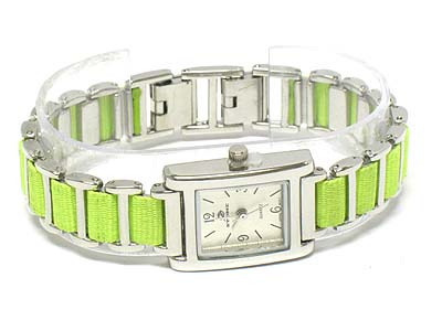 Square shape face and ribbon braided rhodium plating metal band women watch