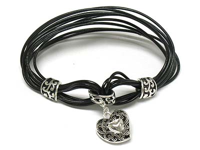 Multi cords and casting metal heart charms bracelet 