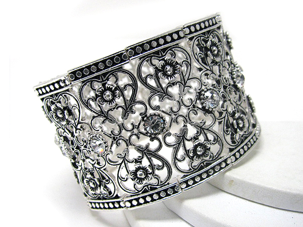 Crystal deco metal filigree wide stretch bracelet