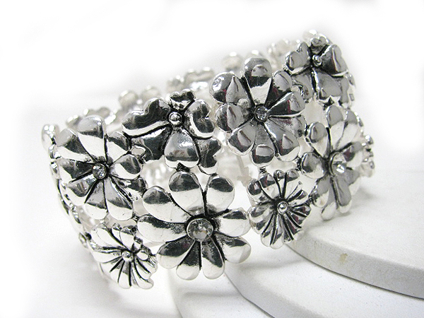 Crystal center multi metal flower link stretch bracelet