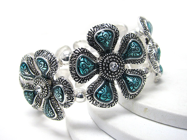 Crystal center metal flower link stretch bracelet