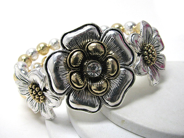 Crystal center triple metal flower stretch ball bracelet