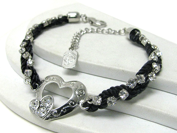 Double heart and crystal twisted rope chain bracelet