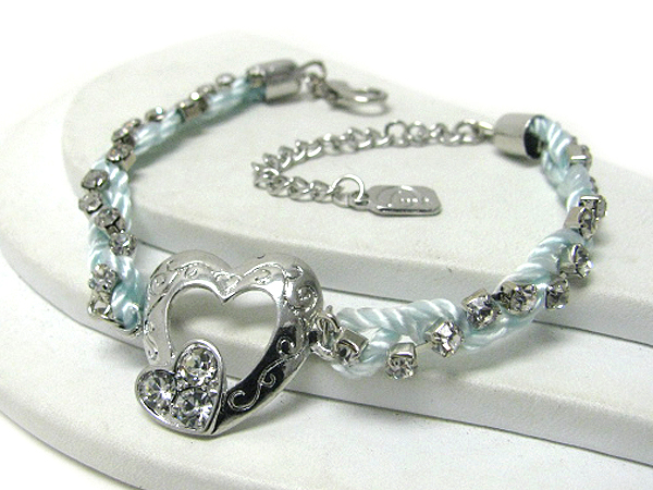 Double heart and crystal twisted rope chain bracelet