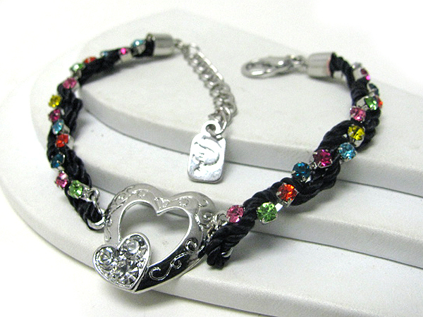 Double heart and crystal twisted rope chain bracelet