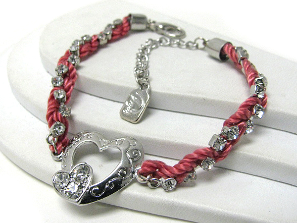 Double heart and crystal twisted rope chain bracelet