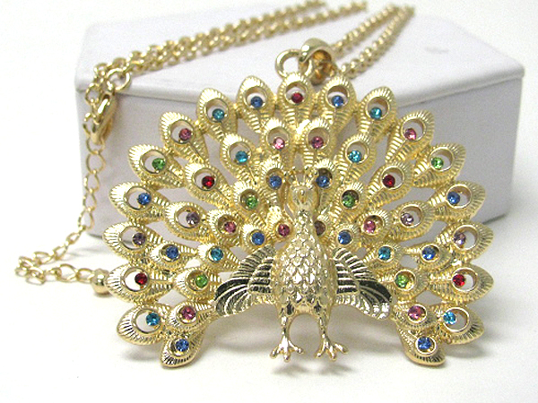 Crystal stud large peacock long necklace