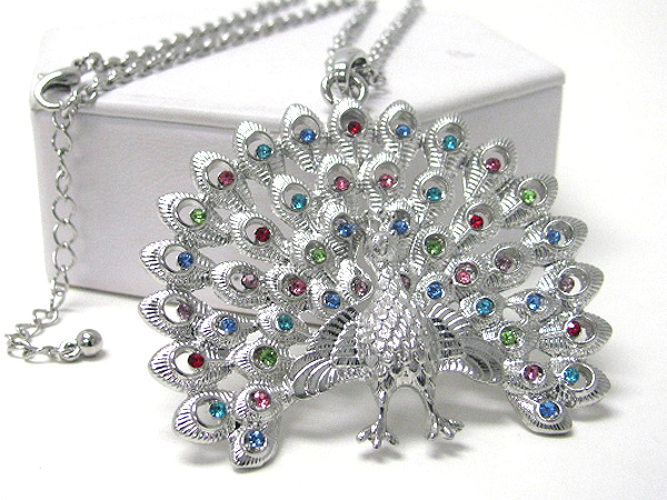 Crystal stud large peacock long necklace