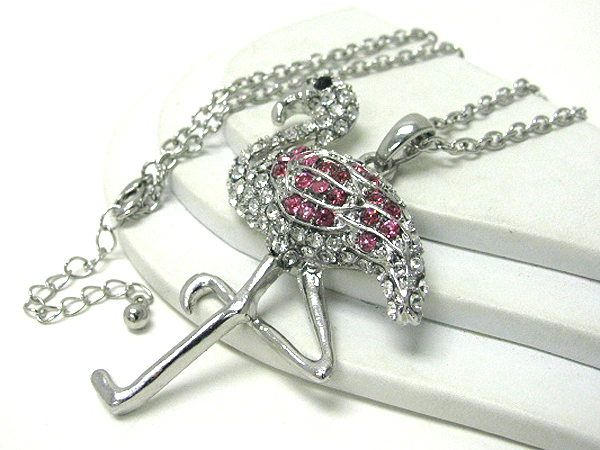 Crystal stud large flamingo pendant long necklace