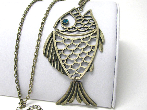 Crystal eyed large metal fish pendant long necklace