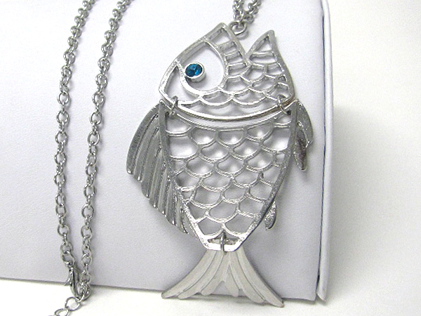 Crystal eyed large metal fish pendant long necklace