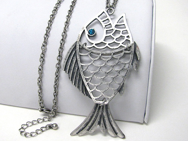 Crystal eyed large metal fish pendant long necklace