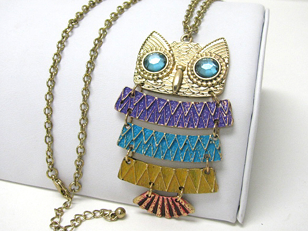 Crystal eyed and multi paint large owl long necklace