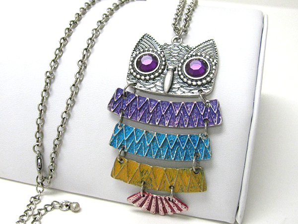 Crystal eyed and multi paint large owl long necklace