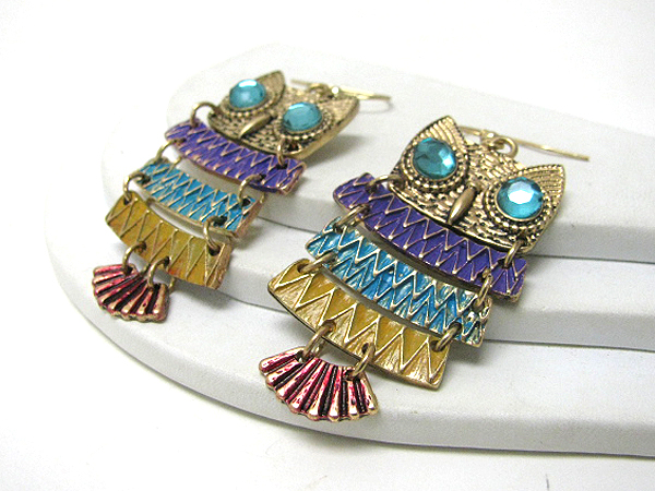 Crystal eyed and multi paint large owl earrings