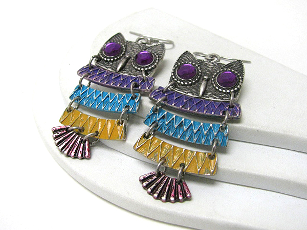 Crystal eyed and multi paint large owl earrings