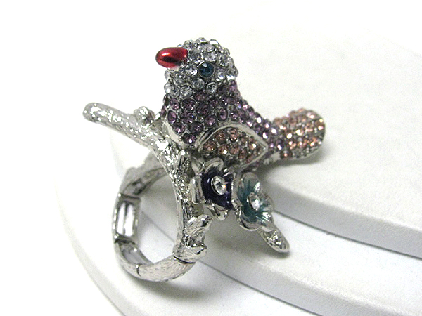 Multi crystal stud sparrow on branch stretch ring